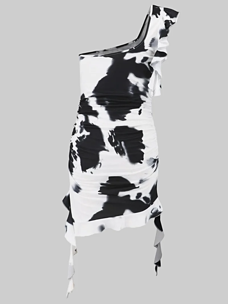Gerimpelde tie-dye mini-jurk met één schouder, gemaakt van een licht elastische, ondoorzichtige polyestermix.