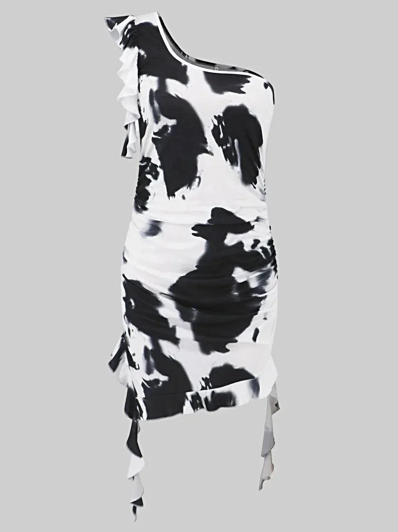 Gerimpelde tie-dye mini-jurk met één schouder, gemaakt van een licht elastische, ondoorzichtige polyestermix.