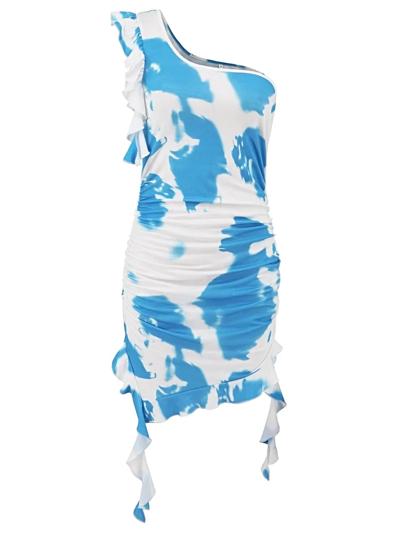 Gerimpelde tie-dye mini-jurk met één schouder, gemaakt van een licht elastische, ondoorzichtige polyestermix.