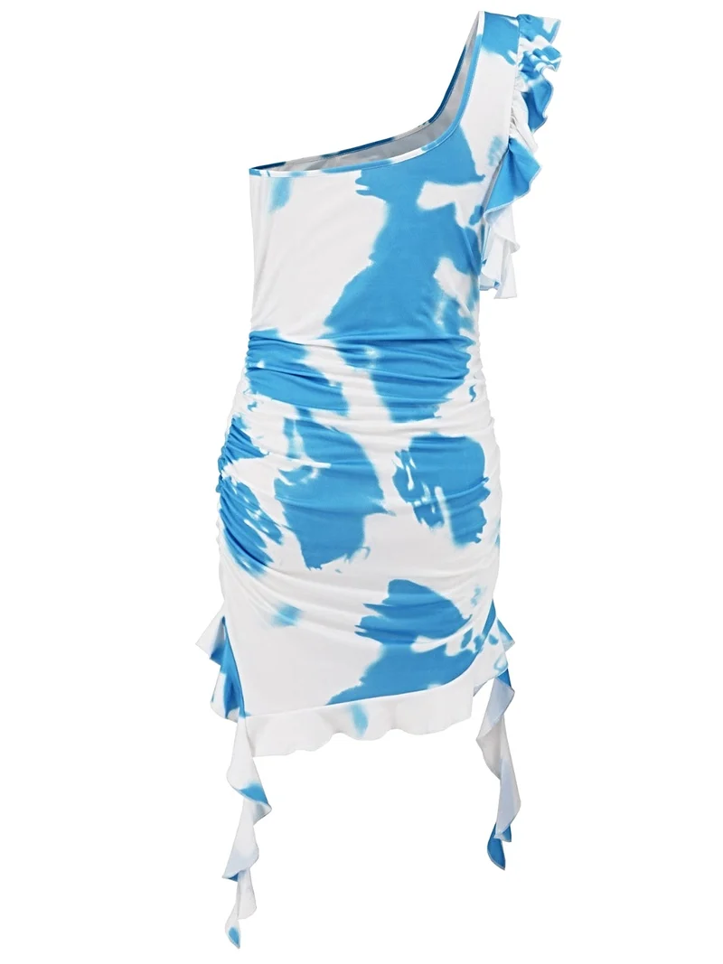 Gerimpelde tie-dye mini-jurk met één schouder, gemaakt van een licht elastische, ondoorzichtige polyestermix.
