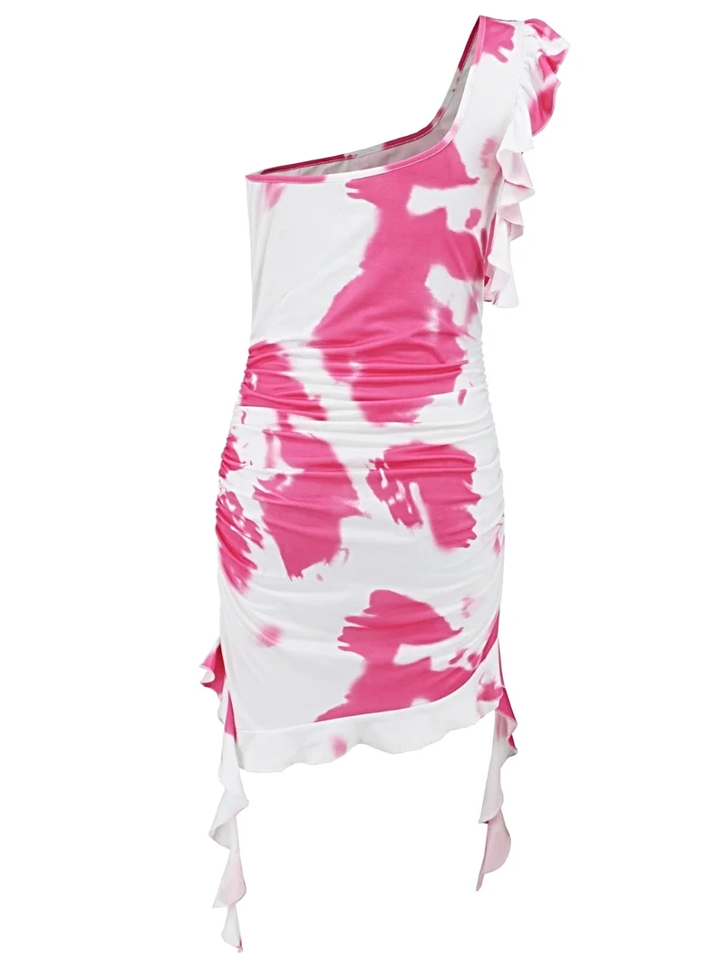 Gerimpelde tie-dye mini-jurk met één schouder, gemaakt van een licht elastische, ondoorzichtige polyestermix.