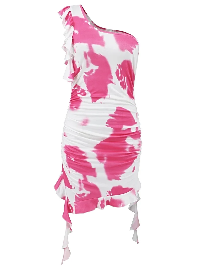Gerimpelde tie-dye mini-jurk met één schouder, gemaakt van een licht elastische, ondoorzichtige polyestermix.