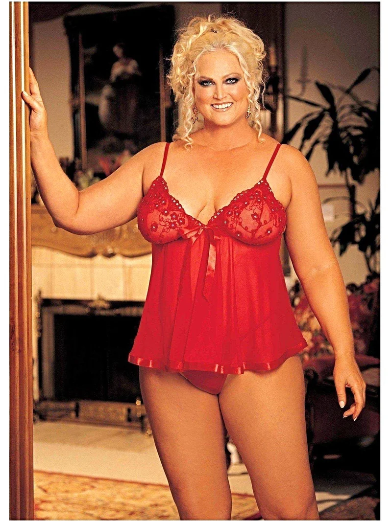 Rode Baby Doll Lingerie - Shirley of Hollywood Pailletten Borduurwerk & Transparant Net, Queen Size