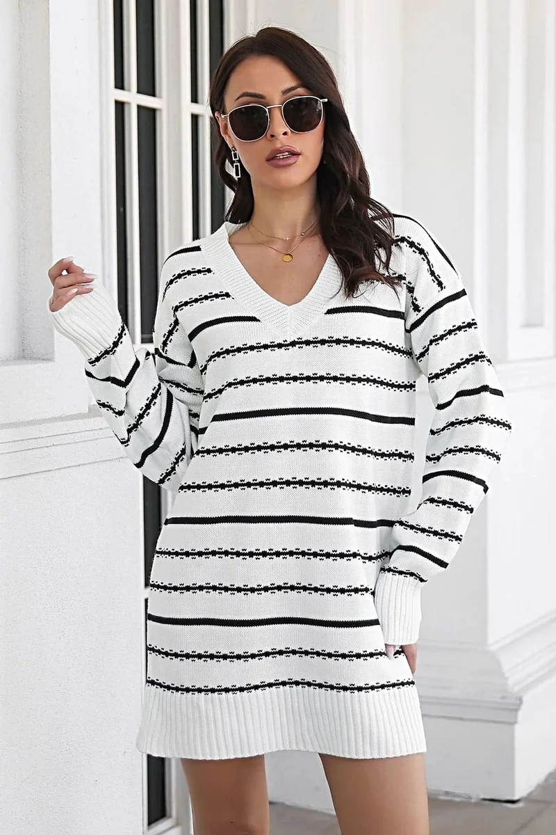 Gestreepte sweaterjurk - Luxe gebreide mini-jurk met V-hals en lange mouwen, casual stijl