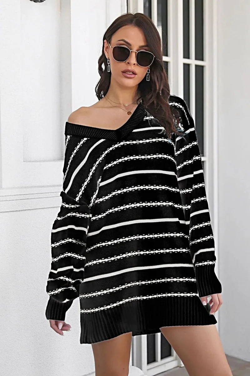 Gestreepte sweaterjurk - Luxe gebreide mini-jurk met V-hals en lange mouwen, casual stijl