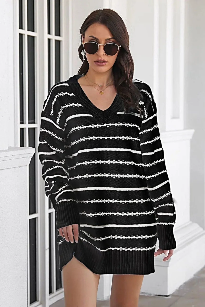 Gestreepte sweaterjurk - Luxe gebreide mini-jurk met V-hals en lange mouwen, casual stijl
