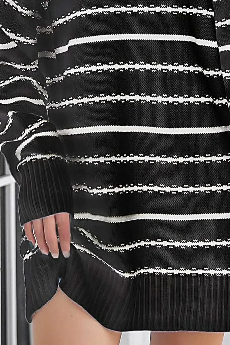 Gestreepte sweaterjurk - Luxe gebreide mini-jurk met V-hals en lange mouwen, casual stijl