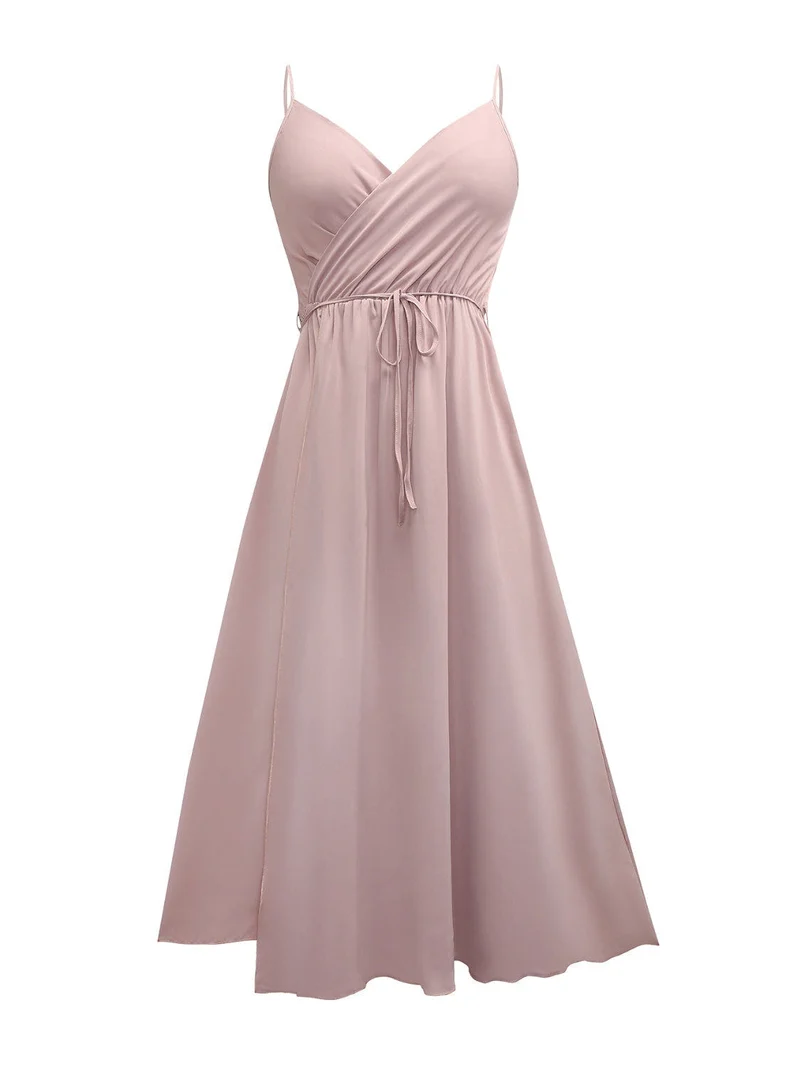 Elegante mouwloze midi-jurk met overslag en strikceintuur in ondoorzichtige polyesterstof.