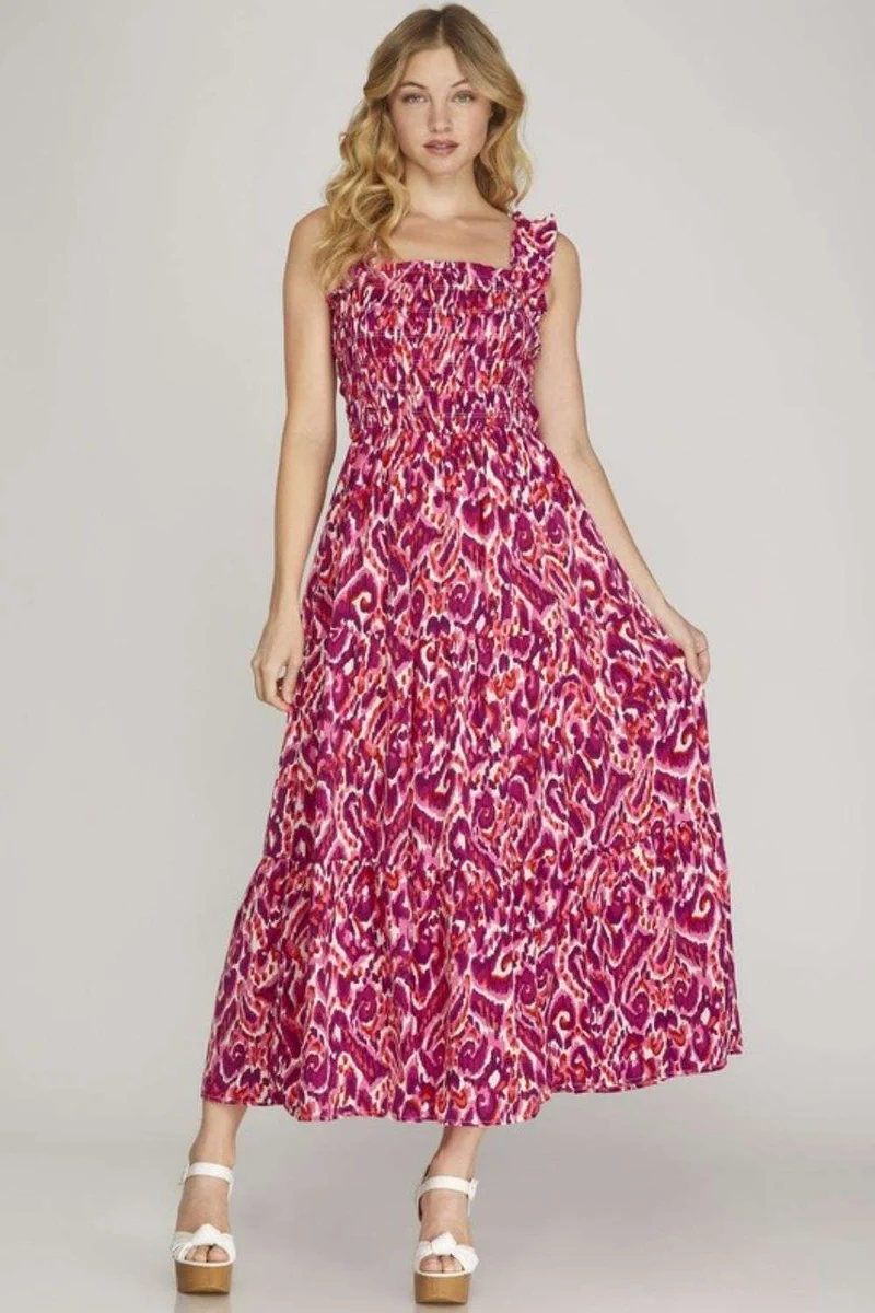 She + Sky Full Size Smocked Print Brede Bandjes Gelaagde Jurk Plus Size