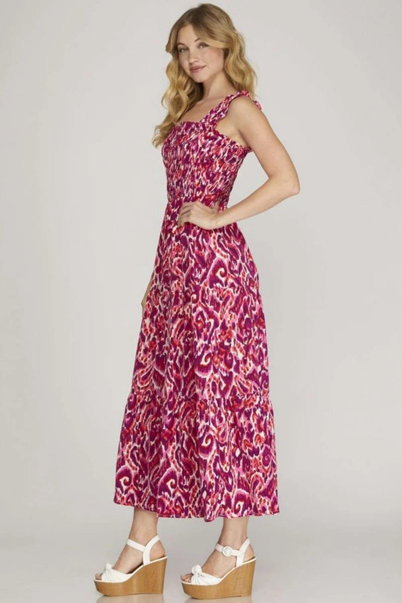 She + Sky Full Size Smocked Print Brede Bandjes Gelaagde Jurk Plus Size