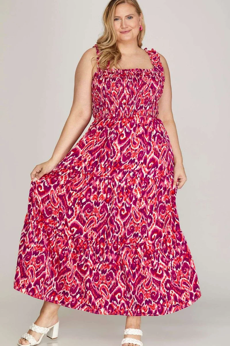 She + Sky Full Size Smocked Print Brede Bandjes Gelaagde Jurk Plus Size