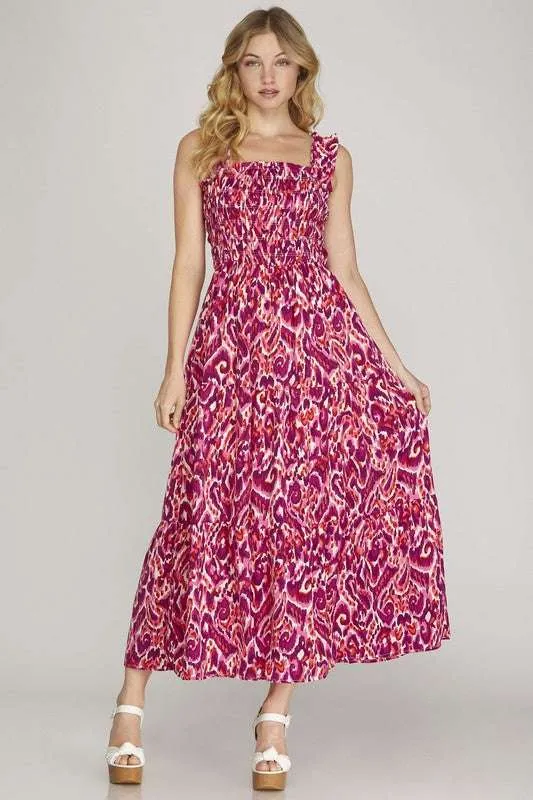 She + Sky Full Size Smocked Print Brede Bandjes Gelaagde Jurk Plus Size