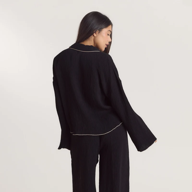 Crinkle Pyjama Shirt - Zwart