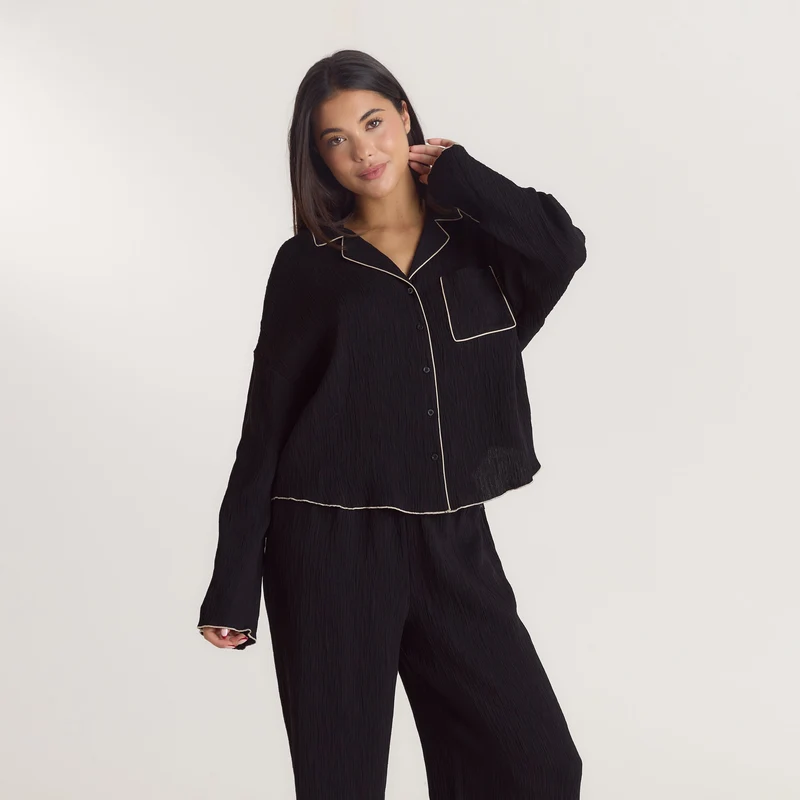 Crinkle Pyjama Shirt - Zwart