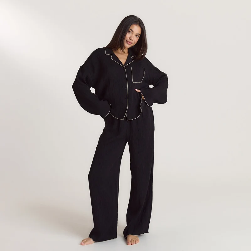 Crinkle Pyjama Shirt - Zwart