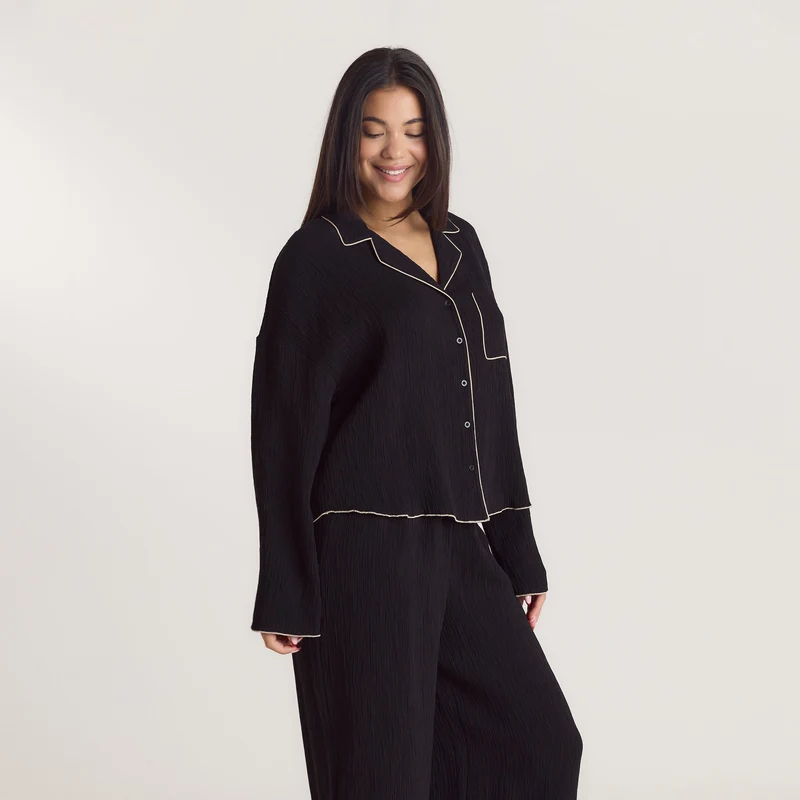 Crinkle Pyjama Shirt - Zwart