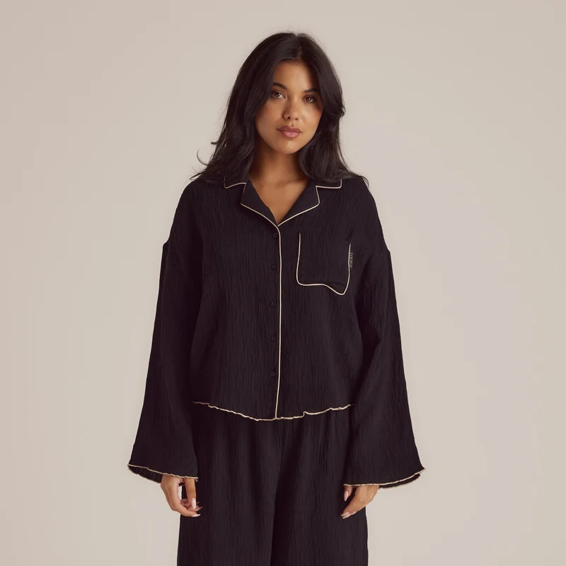 Crinkle Pyjama Shirt - Zwart