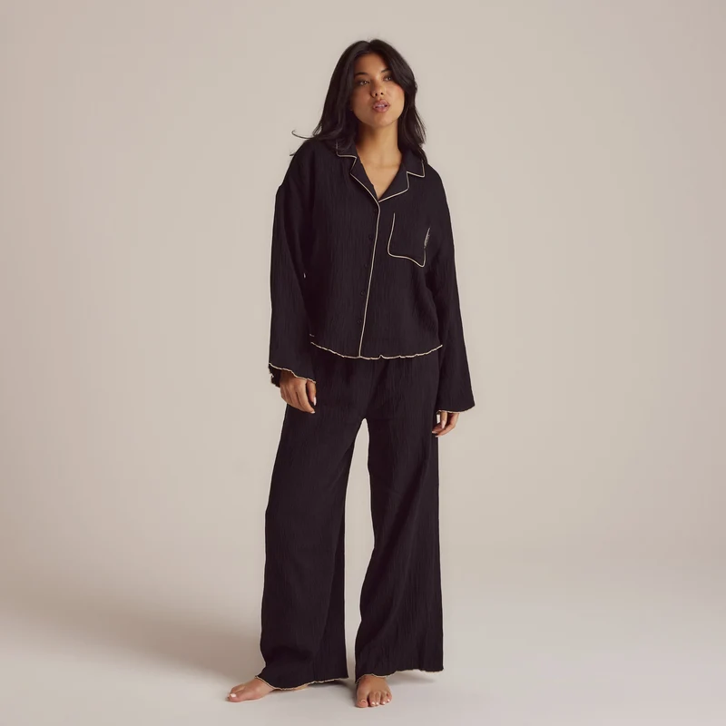 Crinkle Pyjama Shirt - Zwart