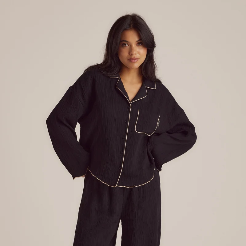 Crinkle Pyjama Shirt - Zwart