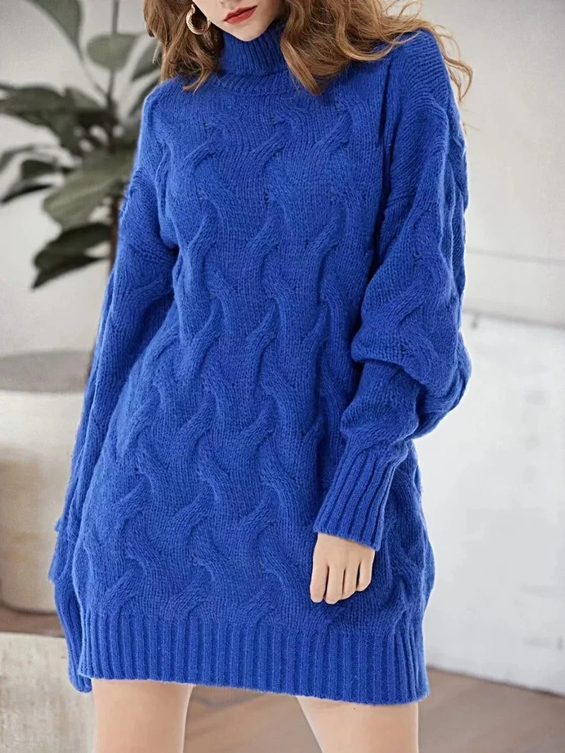 Kabelgebreide coltrui-jurk - Zachte, elastische winterjurk voor dames met lange mouwen