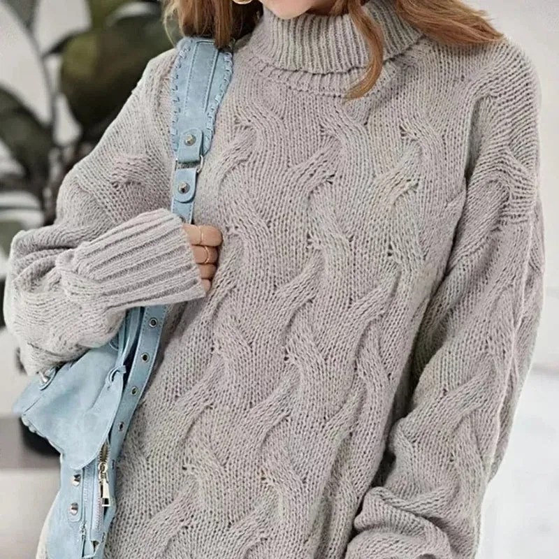 Kabelgebreide coltrui-jurk - Zachte, elastische winterjurk voor dames met lange mouwen