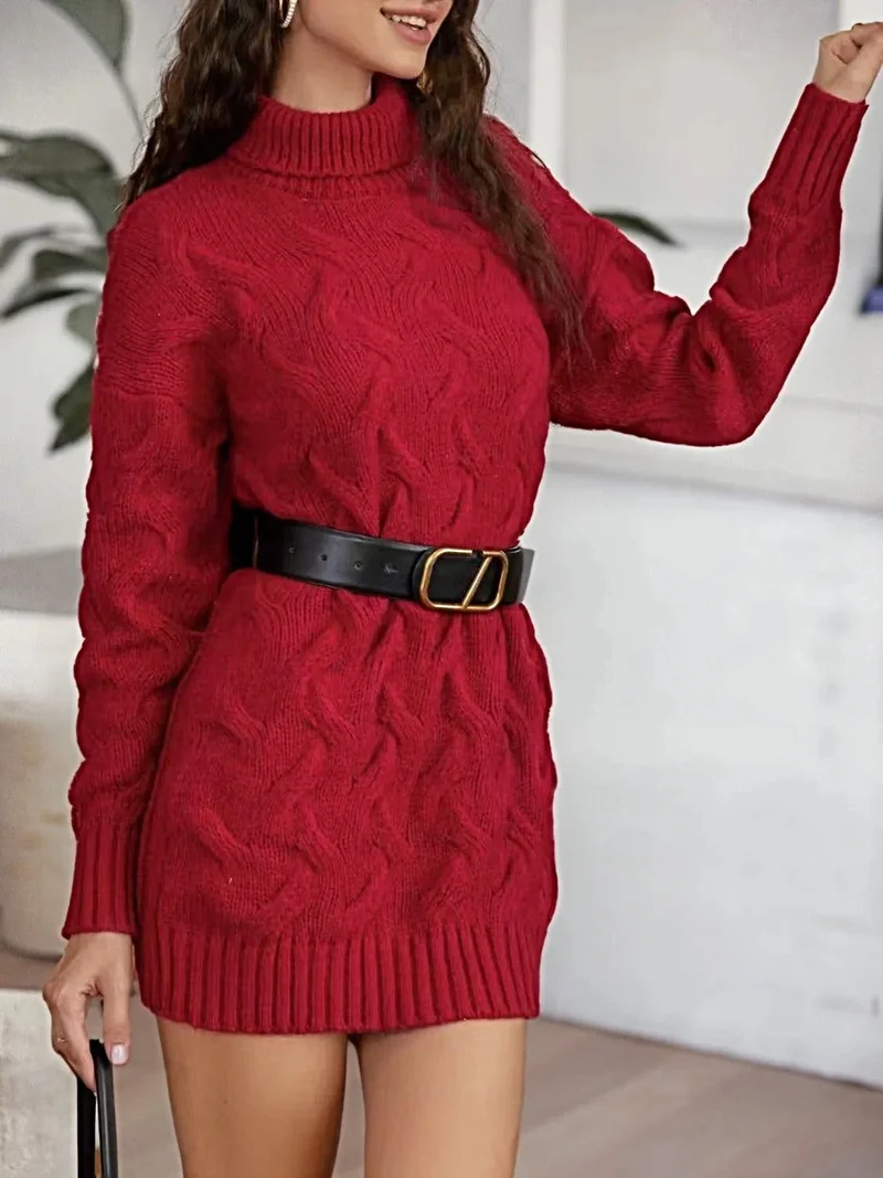 Kabelgebreide coltrui-jurk - Zachte, elastische winterjurk voor dames met lange mouwen