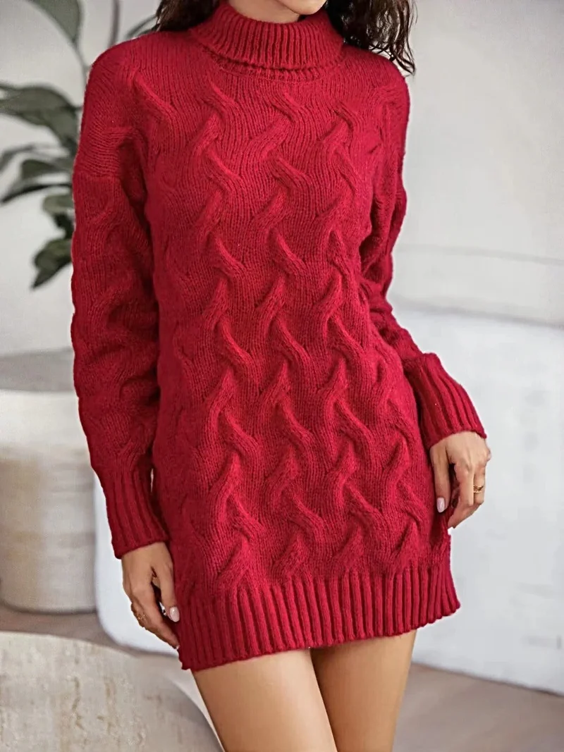 Kabelgebreide coltrui-jurk - Zachte, elastische winterjurk voor dames met lange mouwen