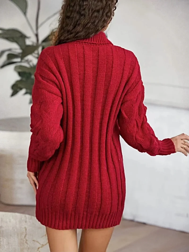 Kabelgebreide coltrui-jurk - Zachte, elastische winterjurk voor dames met lange mouwen