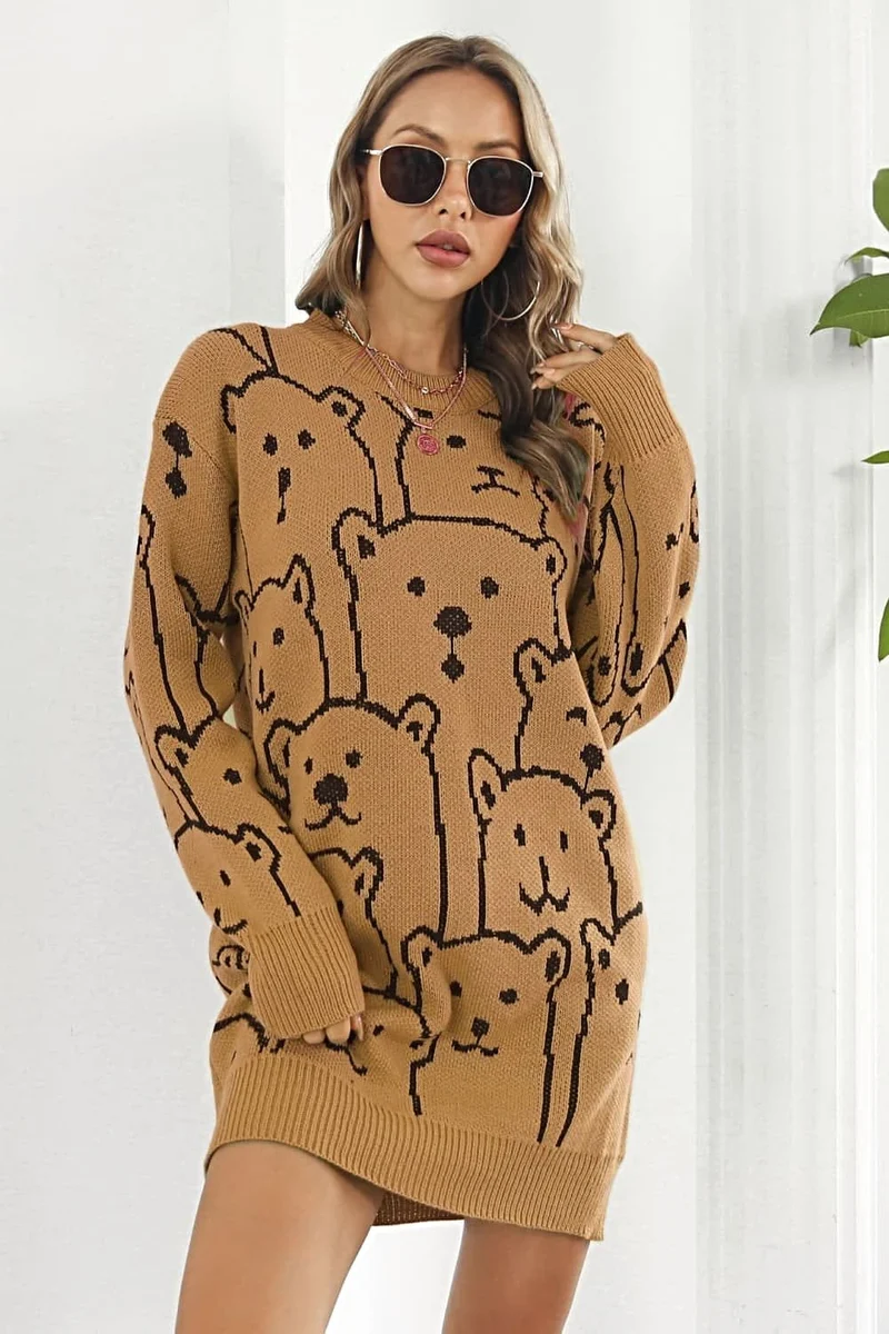Truijurk met berenprint - Geribbelde mini-jurk met lange mouwen en ronde hals.