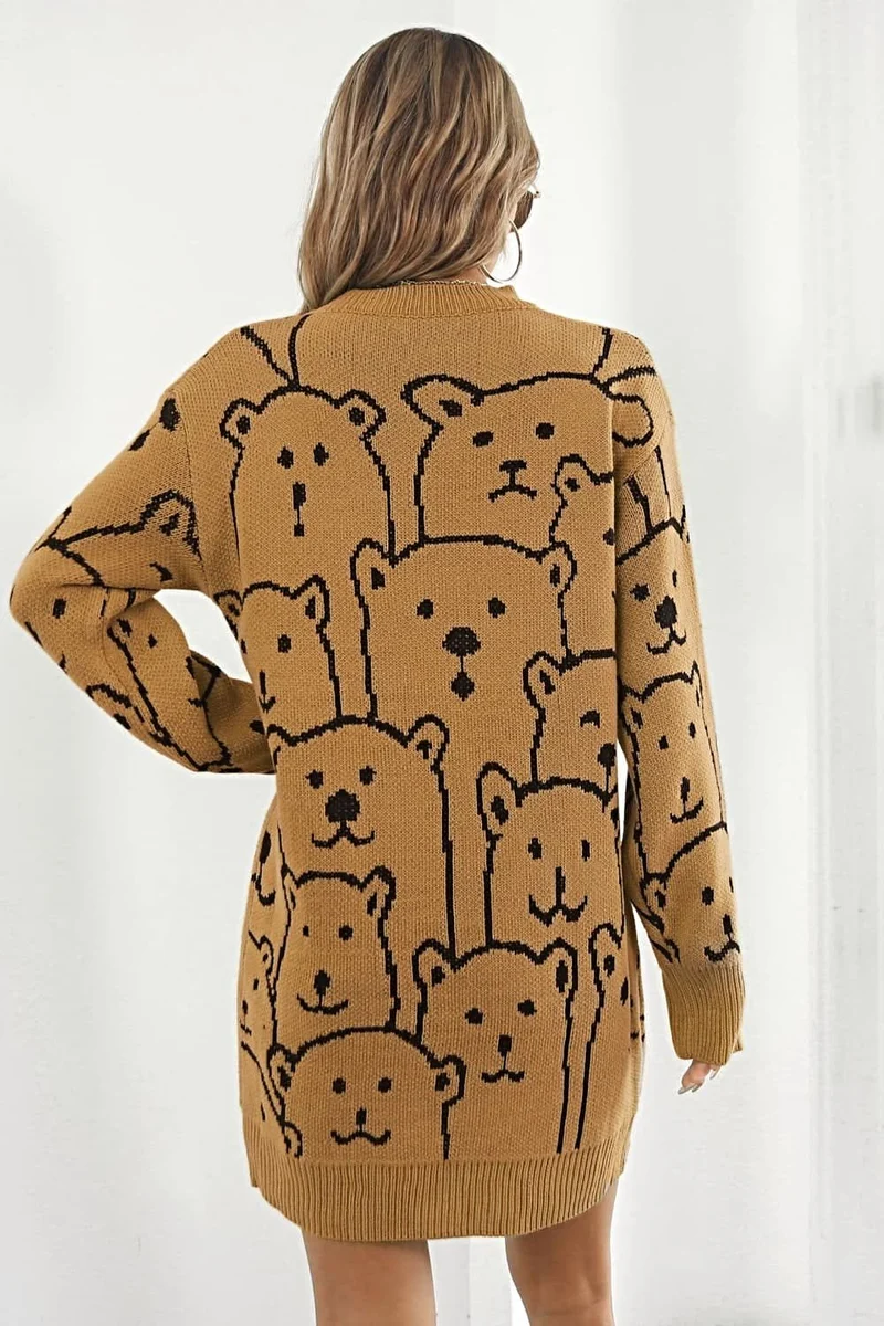 Truijurk met berenprint - Geribbelde mini-jurk met lange mouwen en ronde hals.
