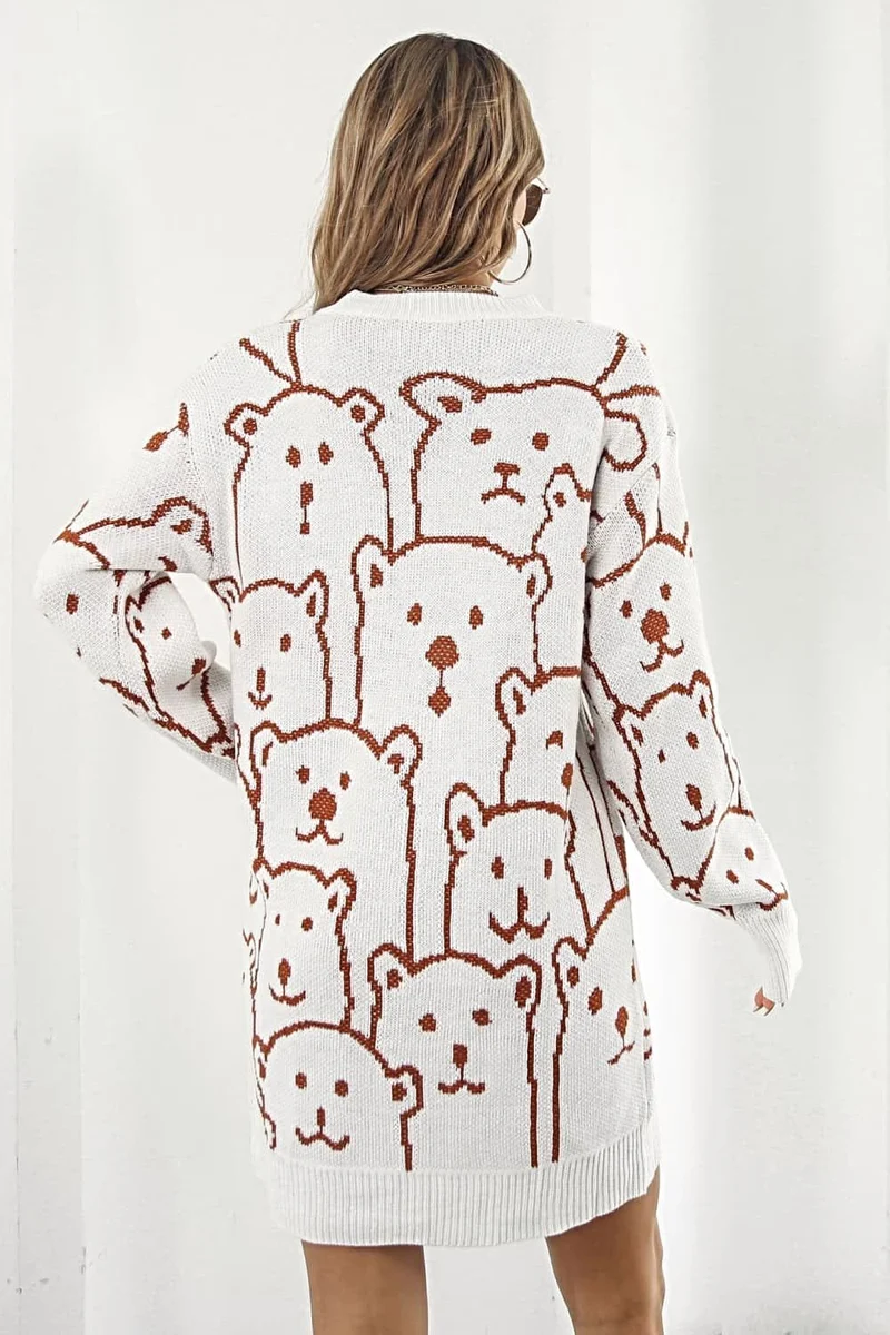 Truijurk met berenprint - Geribbelde mini-jurk met lange mouwen en ronde hals.