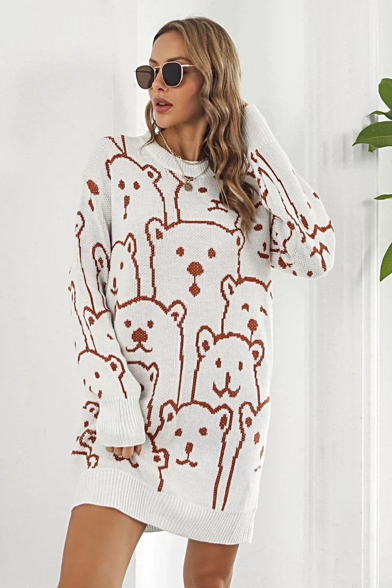 Truijurk met berenprint - Geribbelde mini-jurk met lange mouwen en ronde hals.