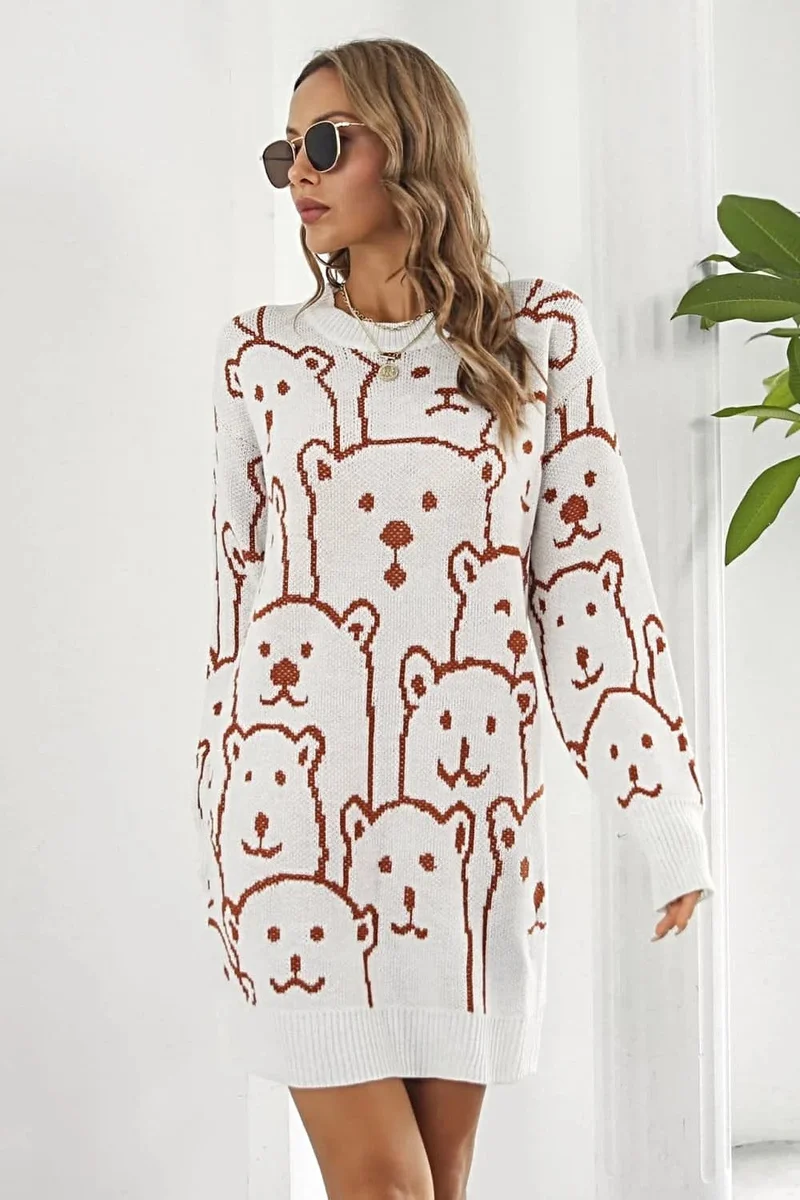Truijurk met berenprint - Geribbelde mini-jurk met lange mouwen en ronde hals.