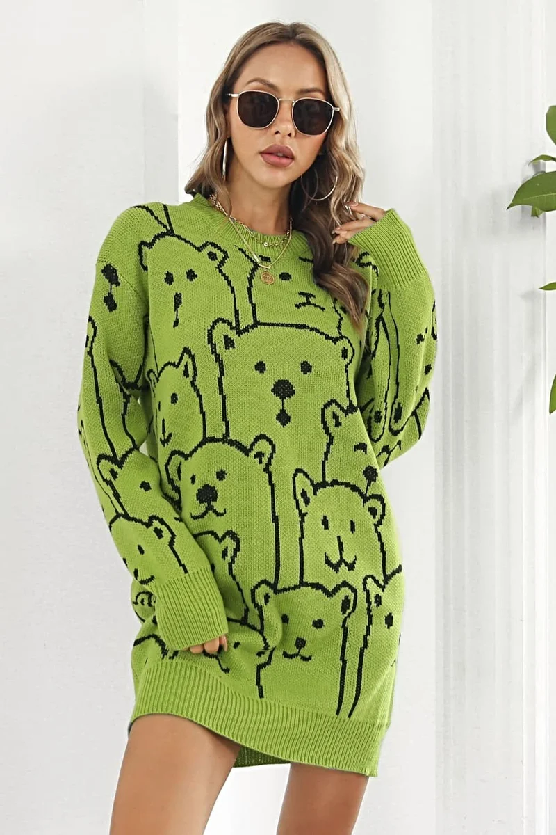 Truijurk met berenprint - Geribbelde mini-jurk met lange mouwen en ronde hals.