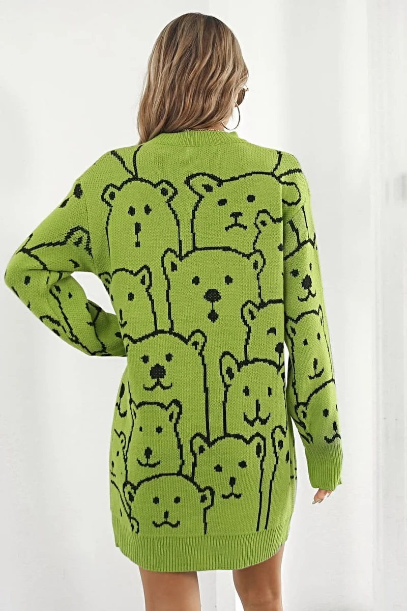 Truijurk met berenprint - Geribbelde mini-jurk met lange mouwen en ronde hals.