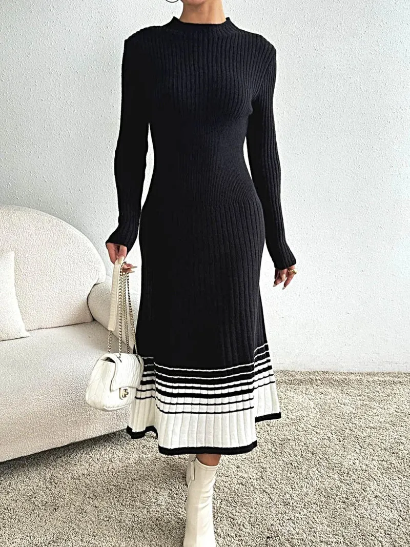 Truijurk met contrasterende colkraag - Elegante gebreide midi-jurk met lange mouwen
