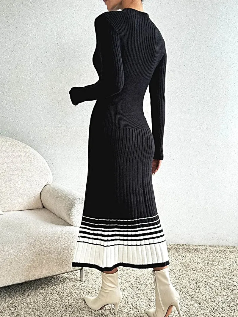 Truijurk met contrasterende colkraag - Elegante gebreide midi-jurk met lange mouwen