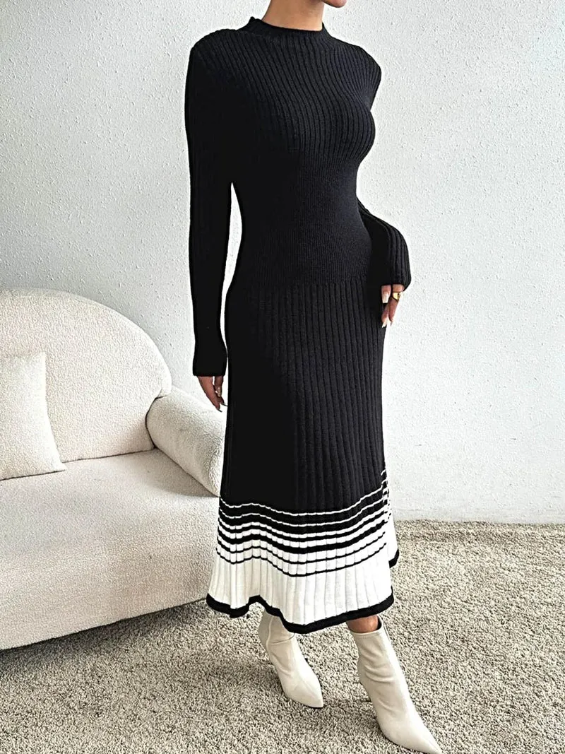 Truijurk met contrasterende colkraag - Elegante gebreide midi-jurk met lange mouwen