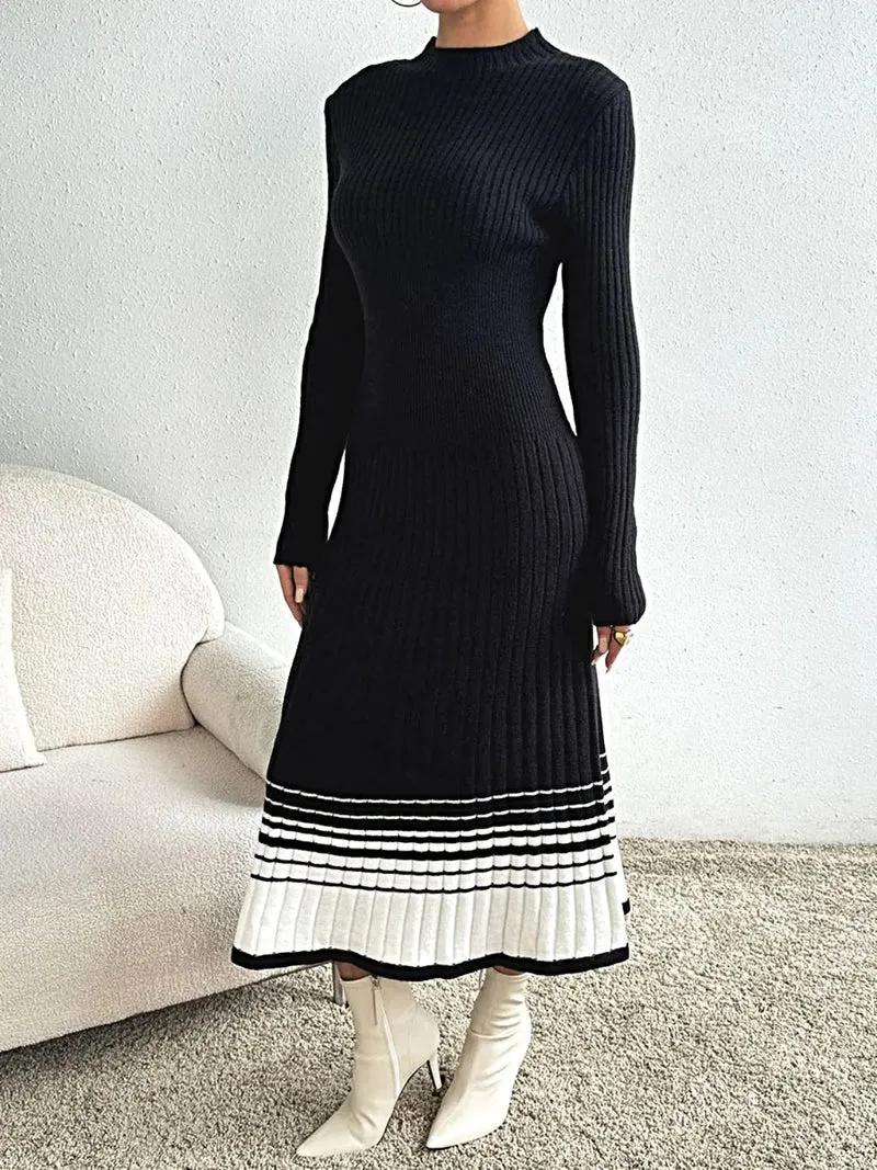 Truijurk met contrasterende colkraag - Elegante gebreide midi-jurk met lange mouwen