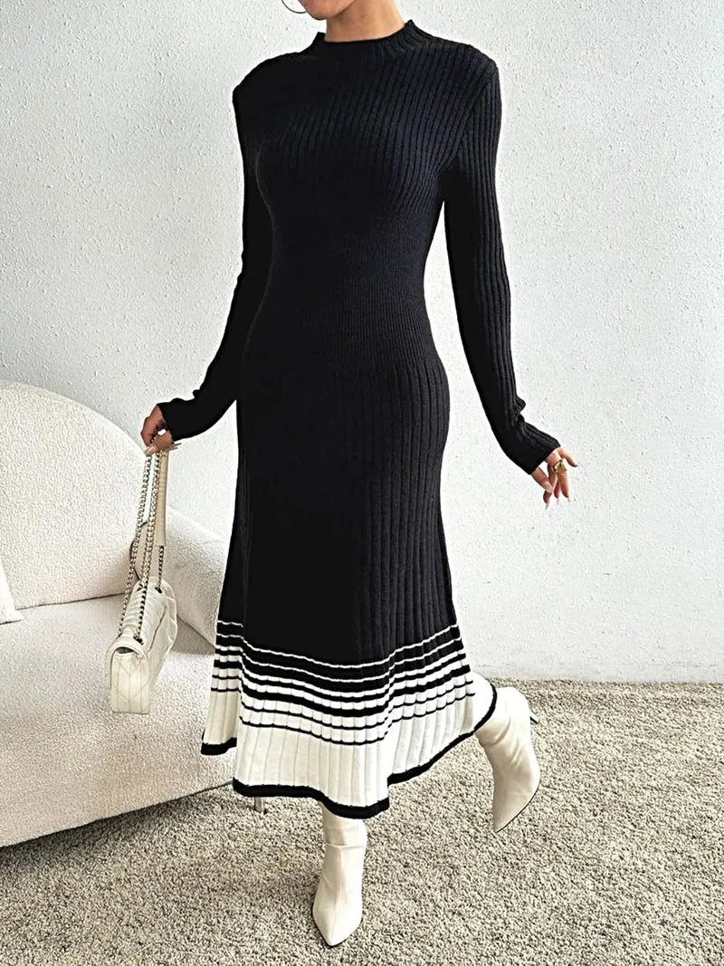 Truijurk met contrasterende colkraag - Elegante gebreide midi-jurk met lange mouwen