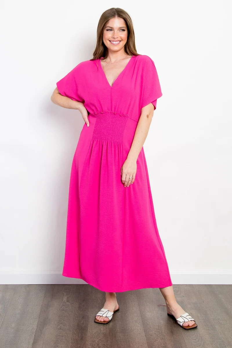 Be Stage Full Size Maxi-jurk met korte mouwen en smokwerk aan de voorkant