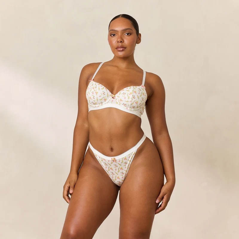Rosebud Ribbed Balcony BH - Witte Bloemenprint