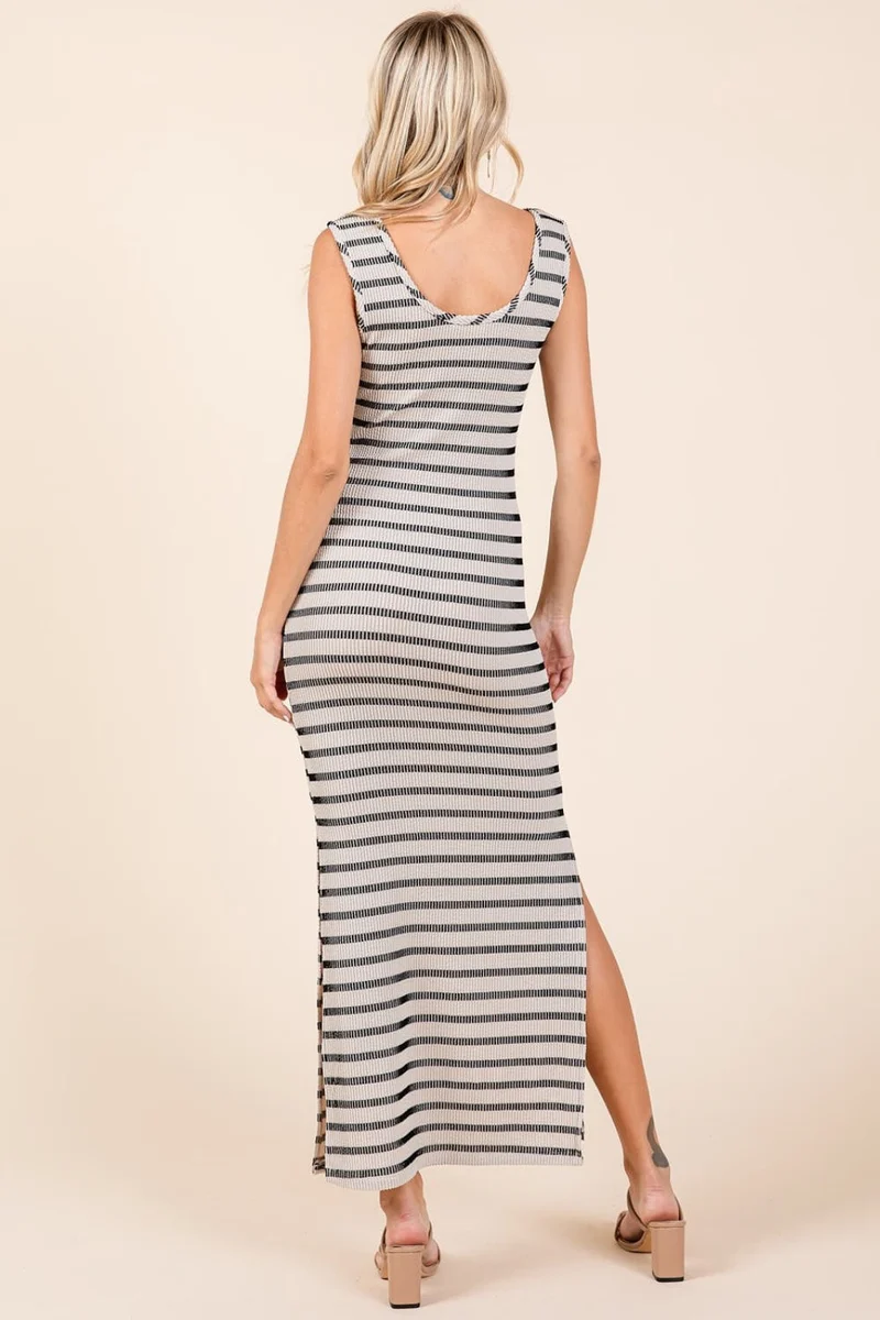 Mittoshop Gestreepte Ronde Hals Mouwloze Maxi Jurk