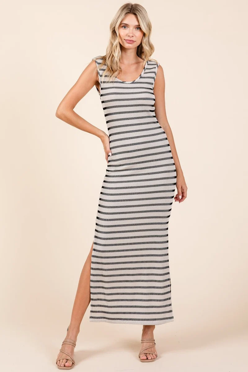 Mittoshop Gestreepte Ronde Hals Mouwloze Maxi Jurk