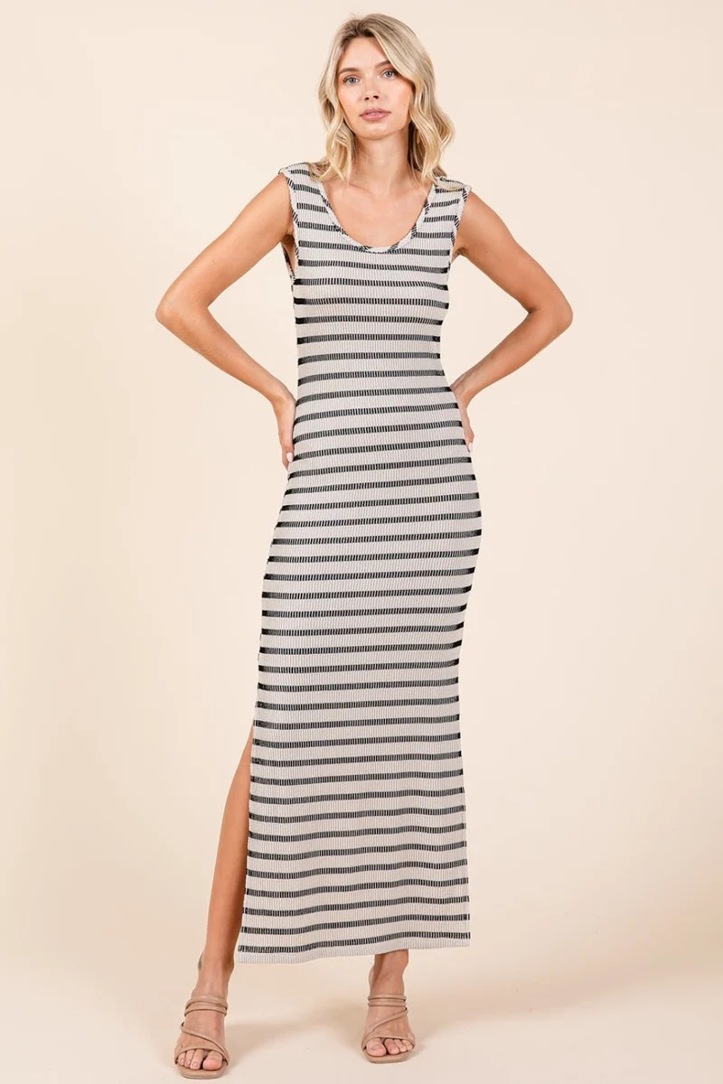 Mittoshop Gestreepte Ronde Hals Mouwloze Maxi Jurk