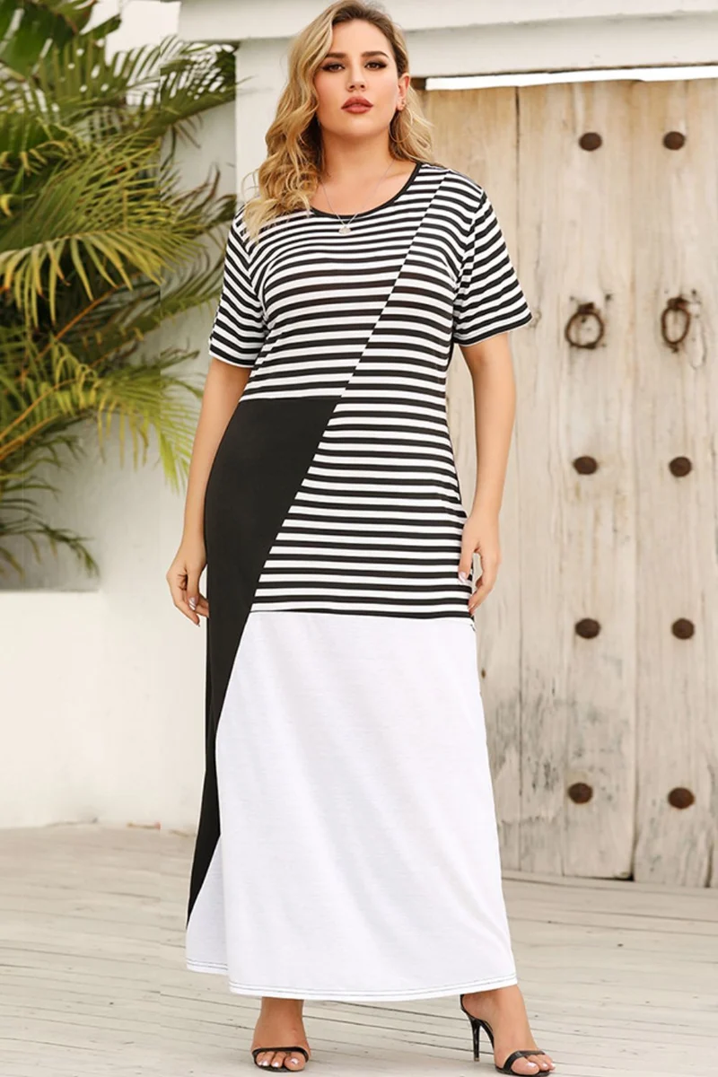 Plus Size Gestreepte Color Block Ronde Hals Jurk