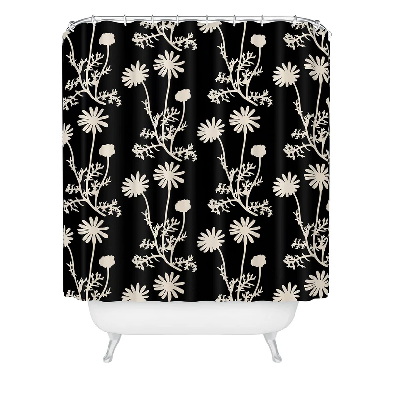 Dark Floral Botanical Wild Daisies Pattern in Black and Almond Cream Shower Curtain