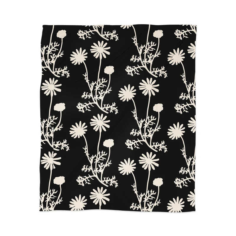 Dark Floral Botanical Wild Daisies Pattern in Black and Almond Cream Throw Blanket