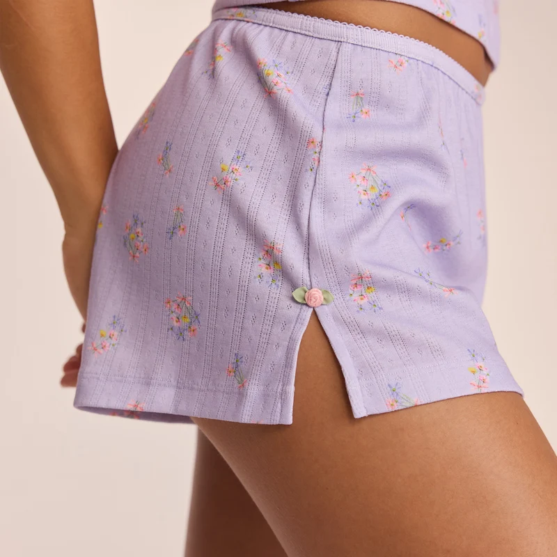 Pointelle Pyjamashorts - Bloemig Lila