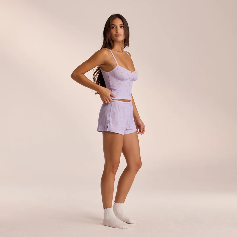 Pointelle Pyjamashorts - Bloemig Lila